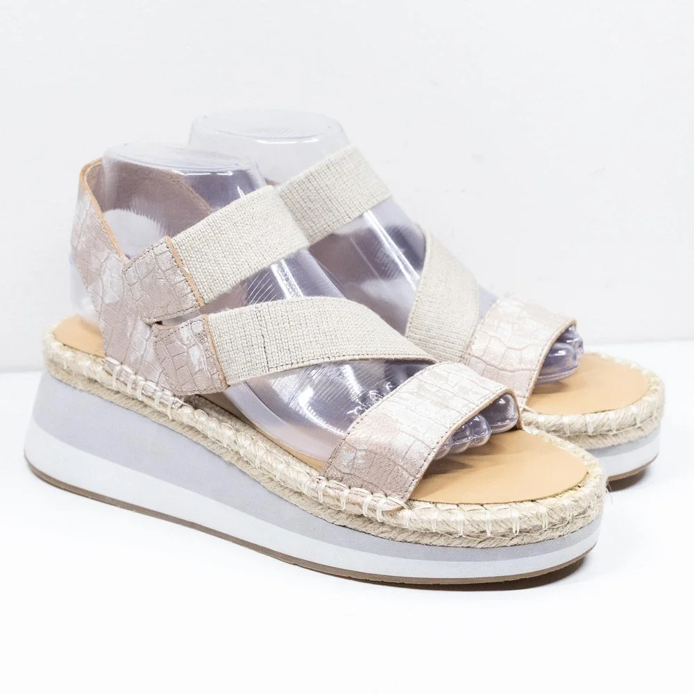 DONALD PLINER Sadie Metallic Croc Platform Espadrille Wedge Sandals Beige Sz 9